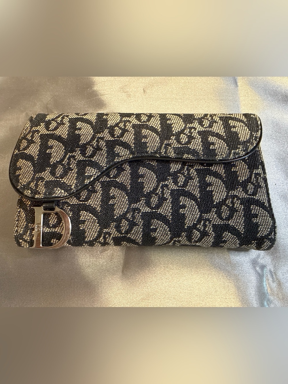 Dior Black and Beige Oblique Canvas Clutch Saddle Long Wallet with COA
